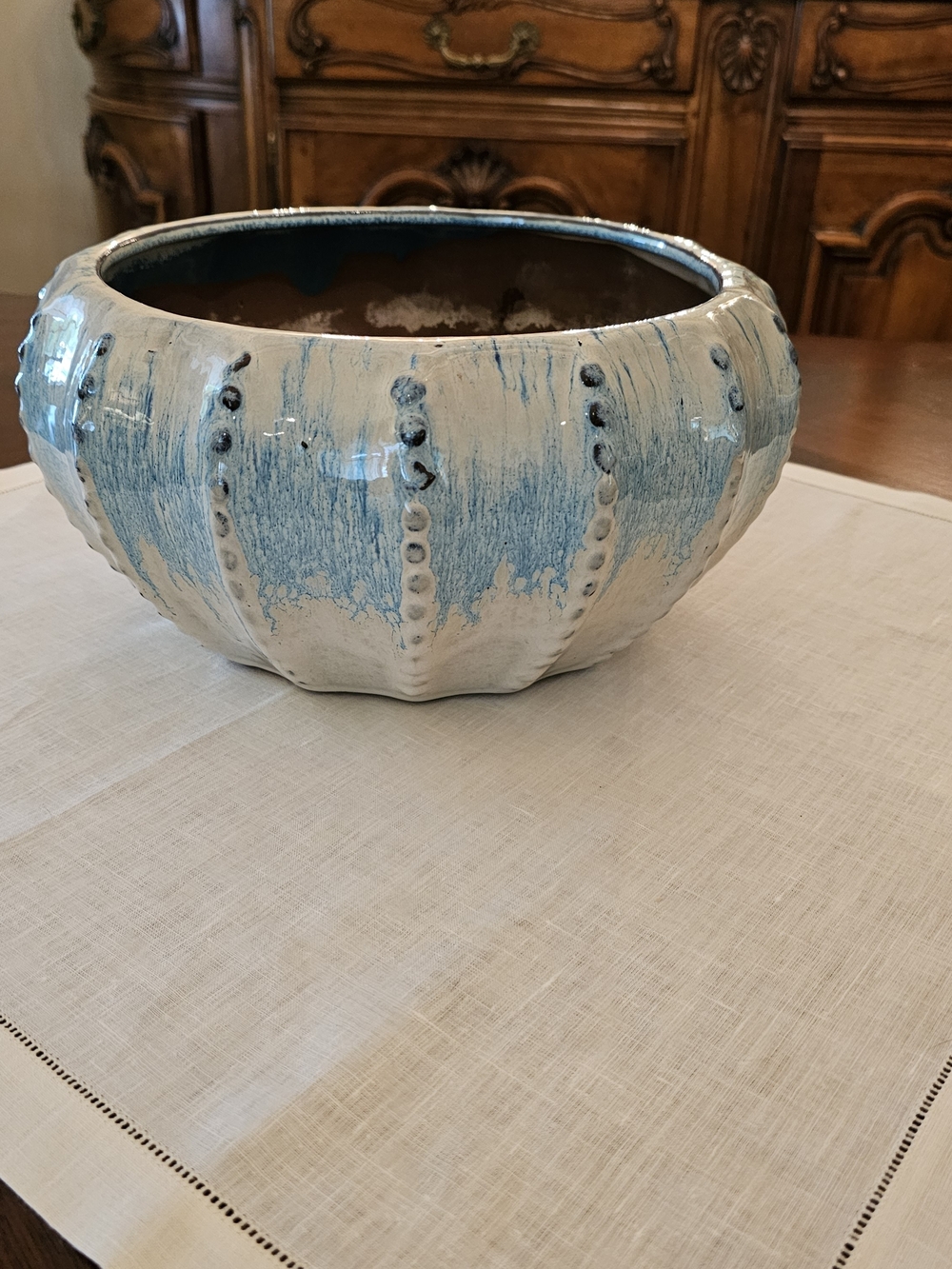Large 11" Sea Urchin Ceramic Planter Pot Heavy Stoneware Blue White Garden Basin - Picture 2 of 7